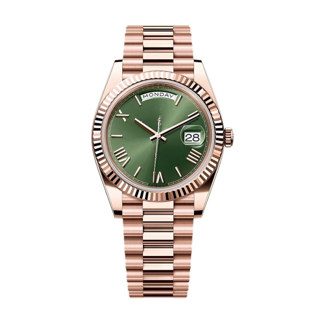 Green Rose Watch - Warm-Tone Metal Bracelet