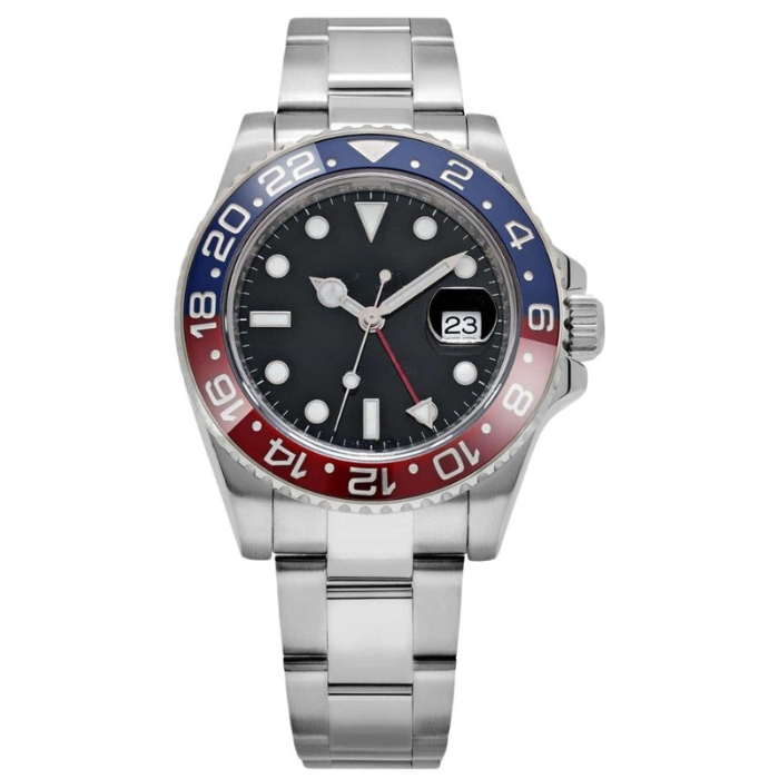 Blue Contrast Ring Watch - Red-Blue Border & Metal Bracelet